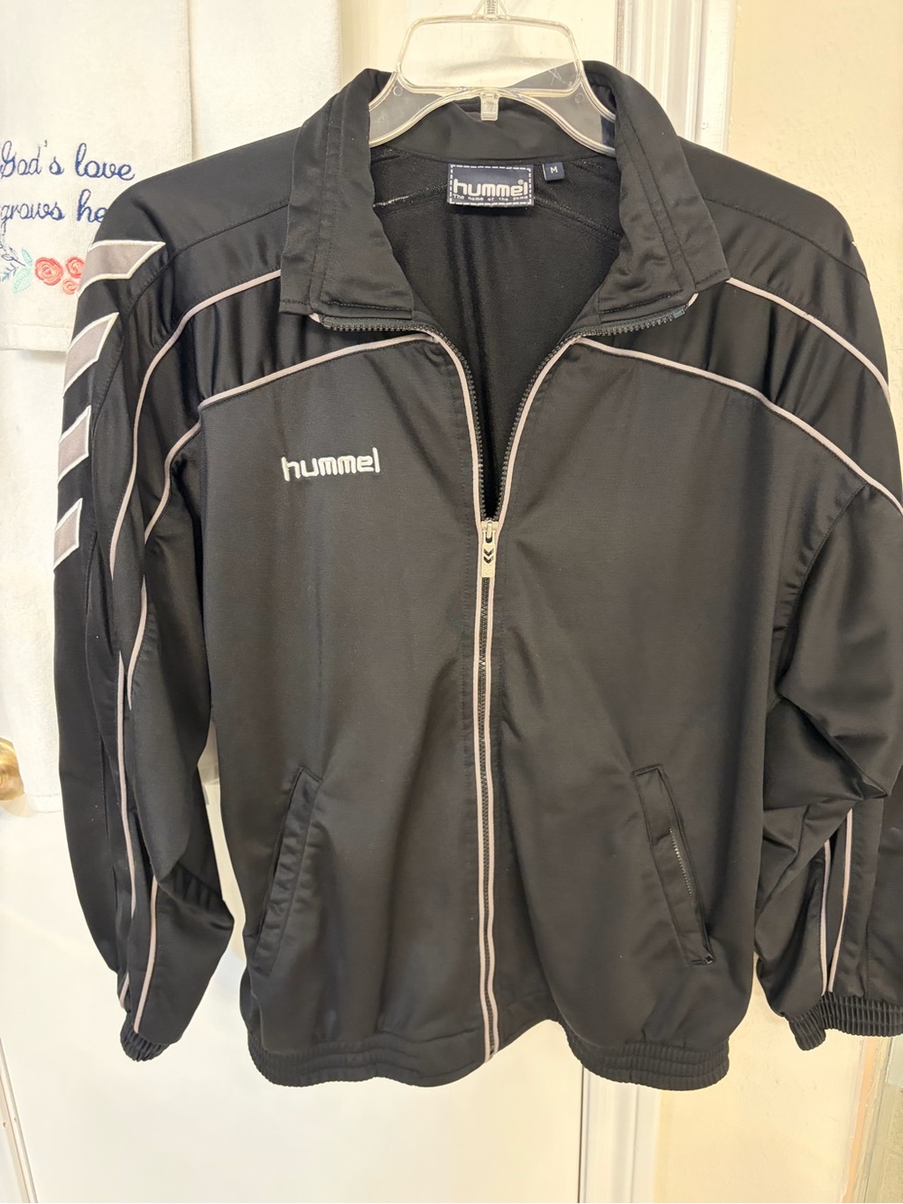Hummel Black Track Zip Up Jacket with Grey & White Piping 2 Pockets Size Medium